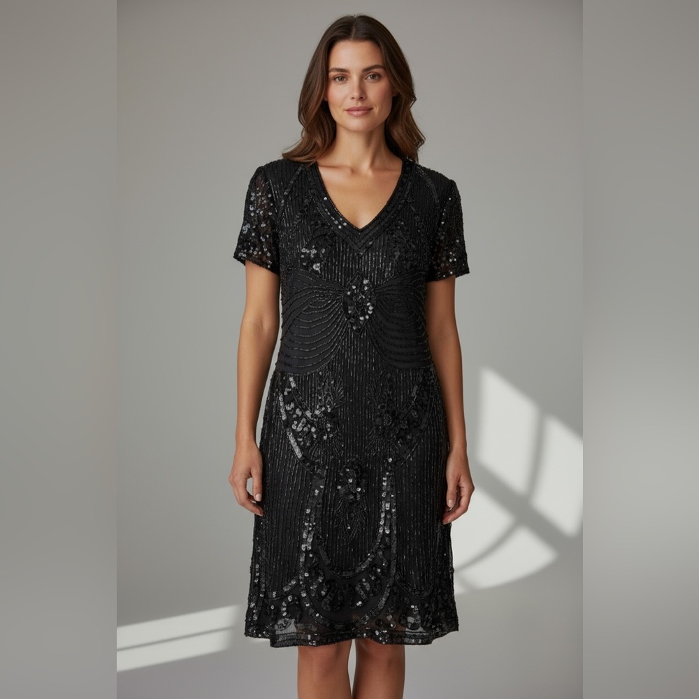 Stenay Vintage 80s Black Silk Beaded Sequin Midi Dress Cocktail Party Glam Lux
